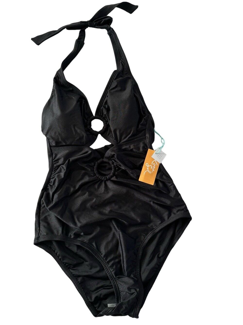 NWT Kona Sol XS Black Double Ring Cut-Out Halter $40 One Piece Swimsuit #SW